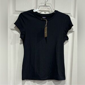 Patagonia Women's Large Rib Knit Top Ink Black NWT Slim Fit Cap Sleeves Stretch